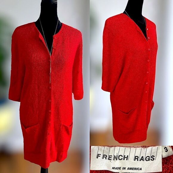 Brenda French | VTG Holiday Christmas Red Textured Long Cardigan Duster Size L - Picture 1 of 16